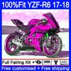 사출 글로시 핑크 핫 키트 YAMAHA YZF600 용 YZF R6 YZF 600 YZF-R6 17 18 248HM.38 YZF R 6 YZF-600 YZFR6 2017 2018 정형 용 바디 +7 개 용품