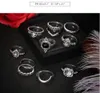 Silver Retro Ancient Silver Diamond Glass Moon Ring Set Retro Knuckle Ring Set för Kvinna Tjej Stacked Rings Set Hollow Carved