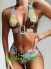 2020 cheap Short sleeve sports Bikinis set leopard high waist print hanging neck snake fringe V-neck joint split yakuda Dropping Accepted