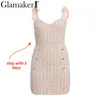 Casual Dresses Glamakak Tweed Grid Lace Up ärmelloses Kleid Elegante Knöpfe Bodycon Sommer Party Nacht Sexy Kurze Sommerkleid