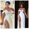 2020 Arabische Plus Size Beach Trouwjurken Chiffon Off Shoulder A Line Side Split Bridal Jurken Beaded Lace Trouwjurken