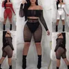 Mode femmes dames Crochet maille à manches longues voir à travers maille résille culture nuit Sexy hauts Shorts bas ensemble