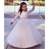 2024 New Cheap Flower Girls Dresses For Weddings Jewel Neck Lace Appliques Tulle Long Sleeves Ball Gown Birthday Children Girl Pageant Gowns 403