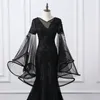 2019 Siyah Organza Denizkızı Akşam Elbisesi Uzun Kollu Boncuklar Derigyen Elbise Glamous Dubai Moda Süpürme Tren V Neck Prom Dre9498544