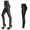 Cintura alta cintura feminina cintura pu calças de couro magro lace up moto motociclista longa calças femininas estiramento revestido calças jeans