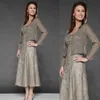 Crystal Beading Gray Mother Of The Bride Dresses With Jacket Scoop Neck Chiffon Sheer Tea Length Plus Size Evening Wear Wedding Guest Gowns