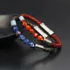 New Genuine Cowhide Leather Bracelet Men With 8mm Faceted Stone Beads Stainless Steel Bangle Embedded Clasp Bracelets For Women