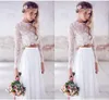 Boho Two Piece Dresses A Line Long Hermes Jewel Neck Lace Illusion Chiffon Beach Wedding Bridal Gown Vestido de Novia 403