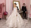 Lovely Ball Gown Flower Girl Dress Jewel Neck Long Sleeve Applique Wedding Dress Sweep Length Girl's Birthday Part