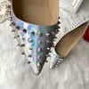 Casual Designer sexy lady fashion Women Shoes silver patent leather spikes pointy toe stiletto stripper High heels Prom Evening pumps large size 44 12cm