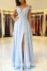 2020 Thigh High Slit Light Blue Bridesmaid Wedding Guest Dresses Cold Shoulder Beaded Lace Draped Chiffon Long Formal Dress Evening Wear