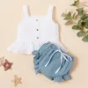 Summer INS Baby Girls Linen Clothing Set Kids Suspender Vest Ruffle Tops + Shorts 2pcs/set Outfits Boutique Child Cothes M1529