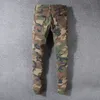 Estilo italiano novo homens jeans, exército verde camuflagem patchwork calças casuais slim ajuste rua streetwear estiramento bicicleta jeans homens