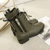 Hot Sale-Spring Höst Kvinnor Svart Olive Green Real Leather Lace Up med Side Zipper Ankel Booties Biker Militär Combat Boots