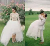 Two Pieces country garden Wedding Dresses 2019 Long Sleeves Lace Crop Top Appliques Tulle Hi-Lo Beach Simple Romance Bridal Dresses