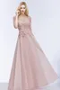 Ny designer Blush Pink Long Prom Klänningar med halv ärmar Beaded Appliqued billiga Party Chowns