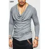 Heta män 2018 Ny vår Fashion Folds O-Neck Slim Fit Långärmad T Shirt Casual Mens Trend T-shirt Svart Vit T-shirts Toppar