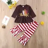 Nouveau style bébé fille ensemble de vêtements Thanksgiving enfants lettre plume imprimé haut et volants rayure pantalon boutique vêtements pour enfants