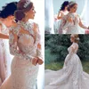 Ny lyx Dubai Champagne Mermaid Bröllopsklänningar High Neck Lace Appliques Lång ärmar med avtagbar tåg plus storlek formella brudklänningar