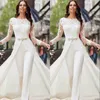 Combinaisons blanches pantalons robes de mariée à manches longues dentelle satin avec jupes perles cristaux grande taille robes de mariée robes de novia