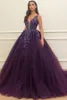 Magia Púrpura Oscuro Imperio Cintura Prom Vestidos de quinceañera 2019 Rhinestones Apliques Flores 3D Con cuello en V Tul Dulce 16 Vestido Vestido De Vestidos