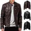 Men's Faux Leather Stand Collor Zipper Motorcycleg Jacket Biker Autumn Winter Male Long Sleeve Coat