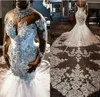 Plus storlek African Mermaid Bröllopsklänningar Sheer Jewel Neck Illusion Långärmade Lyxstenar Lace Appliques Bridal Gown Cathedral Train