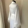 2020 White Satin Wedding Robes V-neck Long Sleeve Beaded Feather Bridesmaid Robe Custom Made Ruched Sweep Train Night Gown For Women