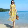 Wholesale-Boho Beach Summer Dress 2019 Real Silk Vintage Floral Dress Women Casual Pink Midi Elegant Ladies Dresses Vestidos 89266