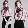 New Women's Floral Stampato Camicia con Bow Bow Plus Size Elegante Manica lunga Ledies Bottone Blouss Blouss Punte da ufficio Designer Shirts Tops