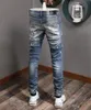 Jean en Denim extensible pour hommes, coupe de motard, Slim, Patch peint, garniture de jambe, pantalon de Cowboy