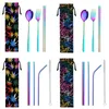 Stainless Steel Straw Chopsticks Spoons Knife Set Colorful Milk Tea Straws with Cleaning Brush Set Metal Cutlery Sets