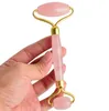 Natural Tumbled Chakra Rose Quartz Carved Reiki Crystal Healing Gua Sha Beauty Roller Facial Massor Stick with Alloy Gold-Plated