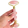 Natural caçou Chakra Rosa Quartz esculpida Reiki Crystal Cura Gua Sha Beauty Roller Facial Massor Stick com liga - banhado a ouro