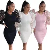 2020 Últimas Moda Puffy vestido mangas Mulheres Bodycon vestido do ponto de lantejoulas malha Painéis Crew Neck curto Sexy Spring Party Nightclub Wear