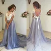 V Abrir parte traseira do cinza do laço do marfim de noite Prom Dresses 2020 Ribbon Ruched Bateau ocasião especial vestido mulheres formal Vestidos de noite desgaste barato