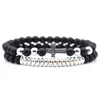 Fashion Handmade 6MM Natural Black Beads Strands Bracelet High Quality 4 Colors Metal Cross Charm Bracelets 2PCS/Set