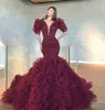 Dubai Arabic Mermaid Evening Dresses Long Beaded Sequins Half Sleeves Plus Size Prom Dress Ruffle robe de soiree Dark Red Formal Party Gowns