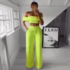 Stijlvolle Dame Neon Green 2 Stuk Set Vrouwen Solid Off The Shoulder Crop Top and Wide Pen Pants 2019 Sexy zomer twee stuk Outfits