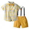 Barnens Casual Clothing Set Summer Plaid Kids Boys Outfits Fashion Checkered Bow Slips + Suspender Shorts 2pcs Passar C6415