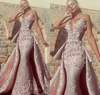 2019 Gorgeous Mermaid Prom Klänningar med avtagbart tåg Djup V Neck Lace 3D Floral Appliqued Aftonklänning Pärlor Lång Quinceanera-klänningar
