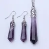 Wholesale 5 pcs Silver Plated Drop Earrings Hexagon Prism Amethyst Stone Pendant Link Chain Necklace Fashion Jewelry