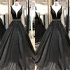 Abiye gece elbisesi noir longues robes de bal avec des perles col en v boule Appliques dentelle saoudien arabe robe de soirée robe