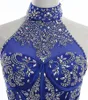 2019 bleu royal col haut robes de soirée courtes strass perlé dos nu cocktail robes de soirée pas cher robe de bal robe de reconstitution historique