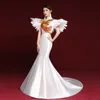 Luxe Lange Avond Qi Pao Jurk Sexy Slanke Dames Trailing Cheongsam White Prom Party Dress Wedding Avond Banquet Vestidos