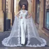 vintage pants suits wedding dresses with cape v neck lace appliqued satin bridal gowns saudi arabic beach plus size vestito da sposa