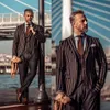 3`lü Pinstripe Mens Suits Yakışıklı Düğün Smokin 2020 Çatılı Yaka Damat Takım Elbise Custom Made Damat Giyim