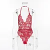 PTOGrafisk Baklösa Halter Lace Bodysuit Transparent Kvinna Body Hot Sexy Teddies 2019 Jumpsuits Kvinnor Deep v Heer Bodysuits