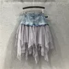 스커트 여름 데님 청바지 스커트 여성 불규칙한 높은 허리 얇은 얇은 명주 그릇 메쉬 패치 워크 포켓 Pleated Mid-Calf Tutu 2021 Street1