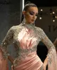 Aso Ebi Muzułmańskie Sukienki Długie Rękawy Side Split Wysokiej Neck Plees Sparkle Zroszony Syrenka Suknie Wieczorowe Vestidos Arabski